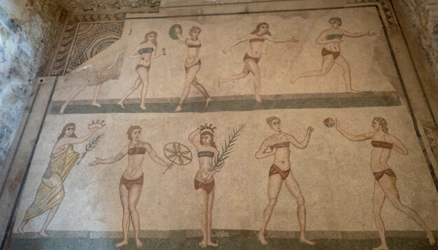 Athlétisme féminin, sous l'Empire romain. Mosaïque de la Villa del Casale, IIIe siècle. Piazza Armerina, Sicile
(Wikipédia)