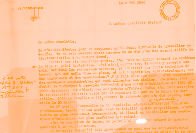 Lettre tapée par Corbusier et destinée a Charlotte Perriand. Le contenu est détaillé plus tard.