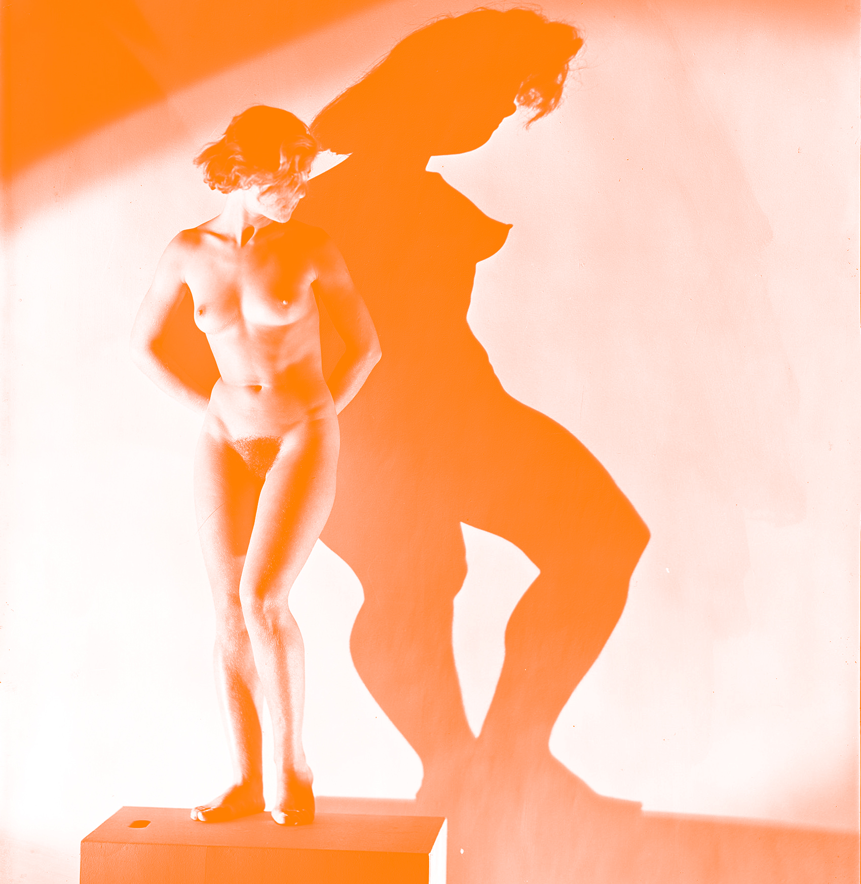 Photographie en noir et blanc, avec une femme nue, adossée à un mur qui déforme son ombre